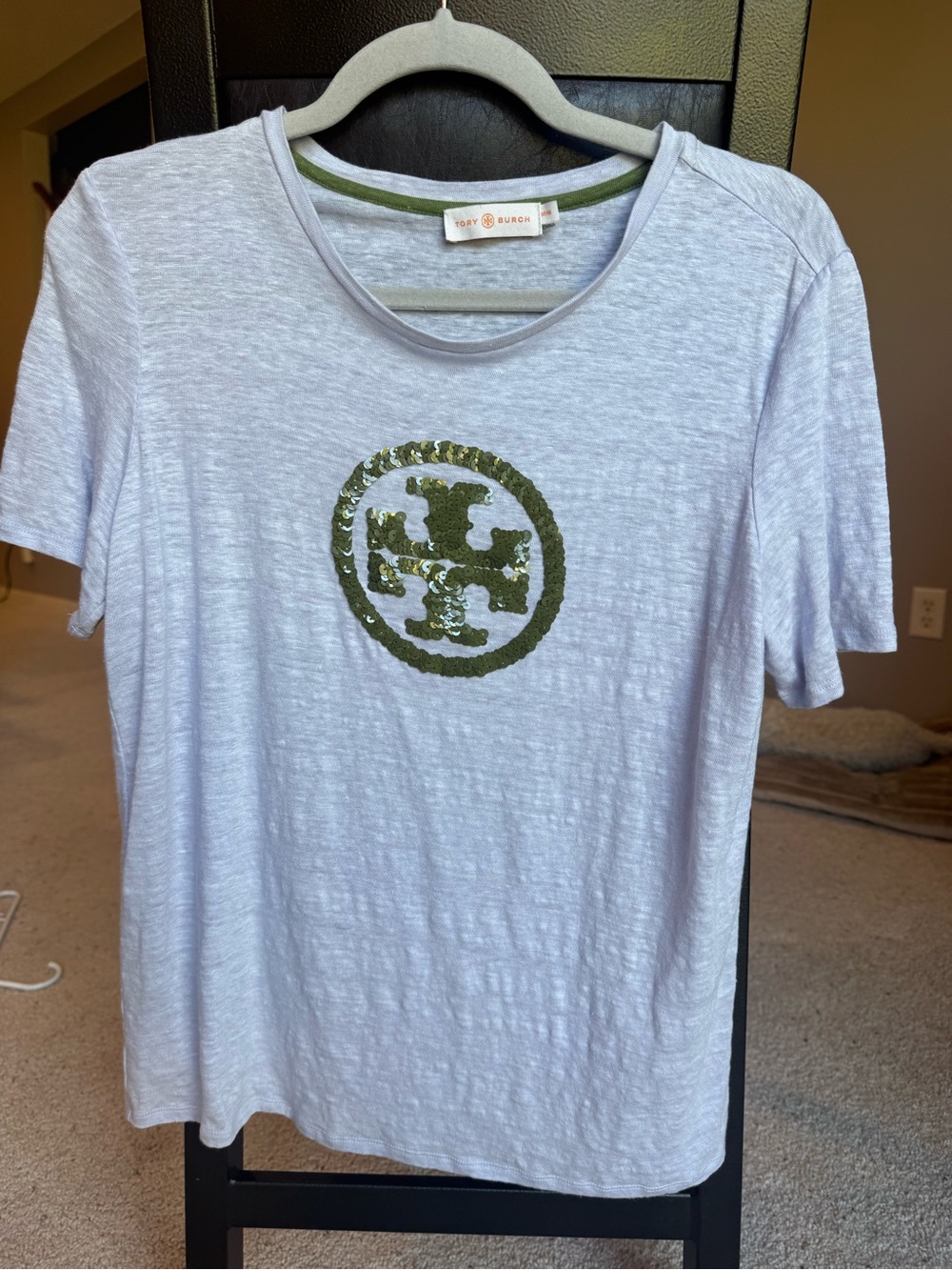 Tory Burch White Short-Sleeve Tee with Olive Sequin Logo